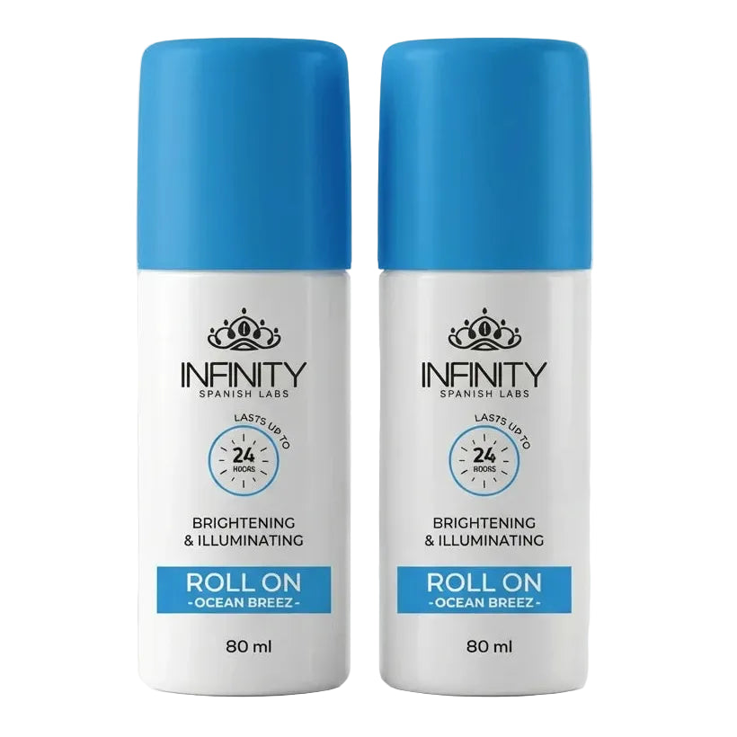 Two bottles of Infinity Skincare Roll On on a white background