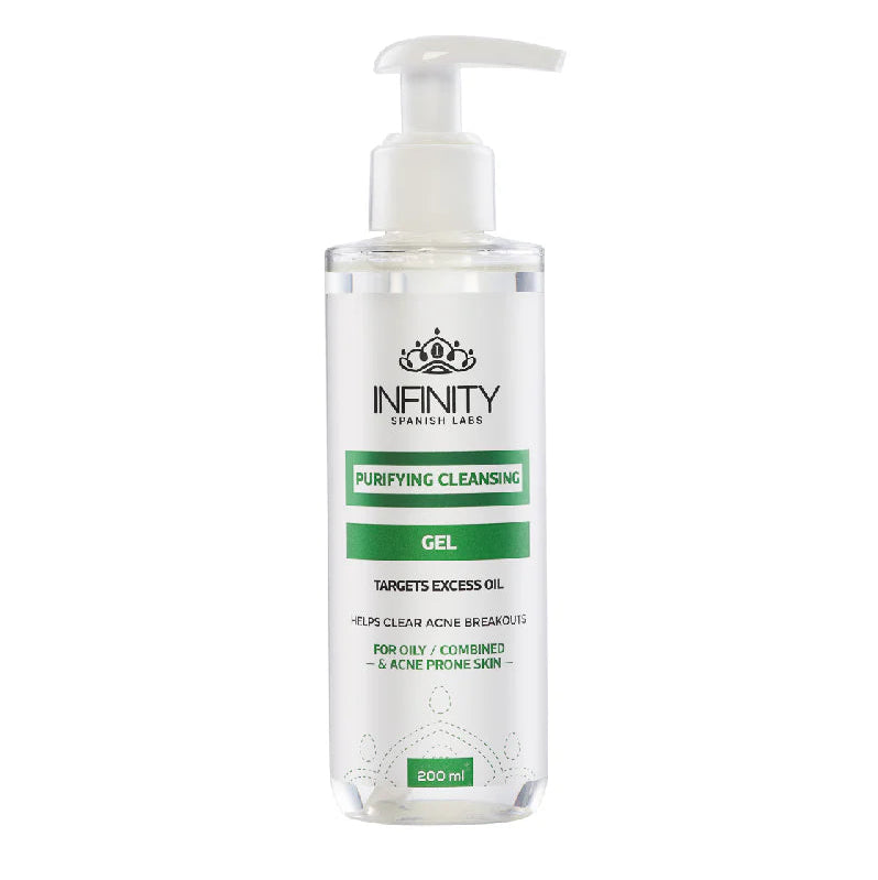 Clear bottle with pump labeled 'Infinity' on a white background