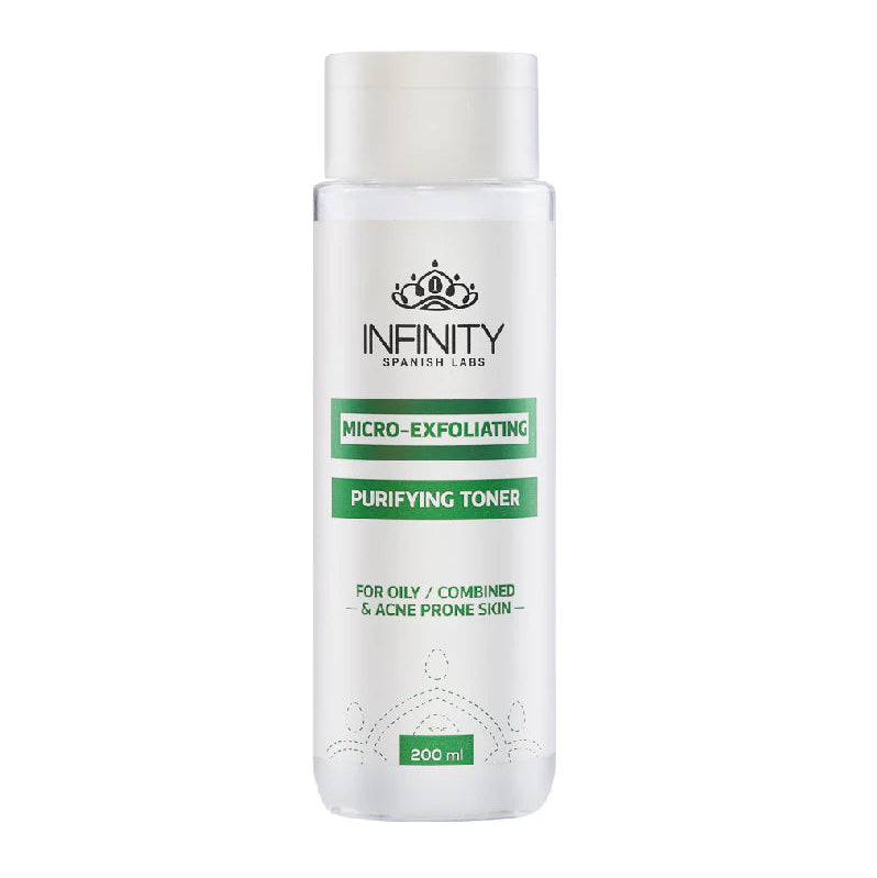 White bottle of Infinity micro-exfoliating purifying toner on a white background