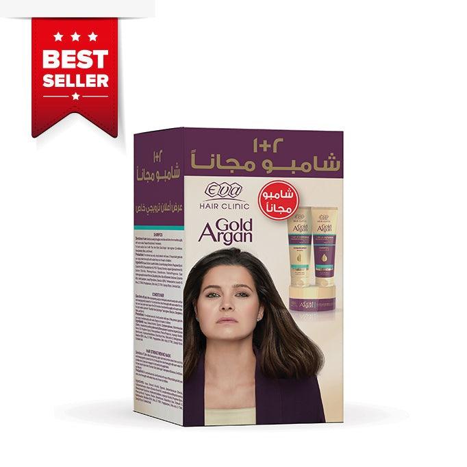 Eva Hair Clinic Gold Argan Shampoo 230 ml FREE + Conditioner 230 ml + Hair Mask 200 gm - Beauty Bounty