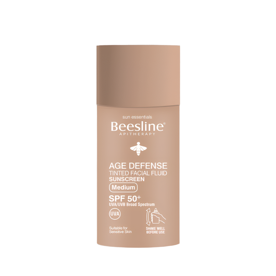 Beesline AGE DEFENSE TINTED FACIAL FLUID SUNSCREEN Medium SPF 50+ - Beauty Bounty