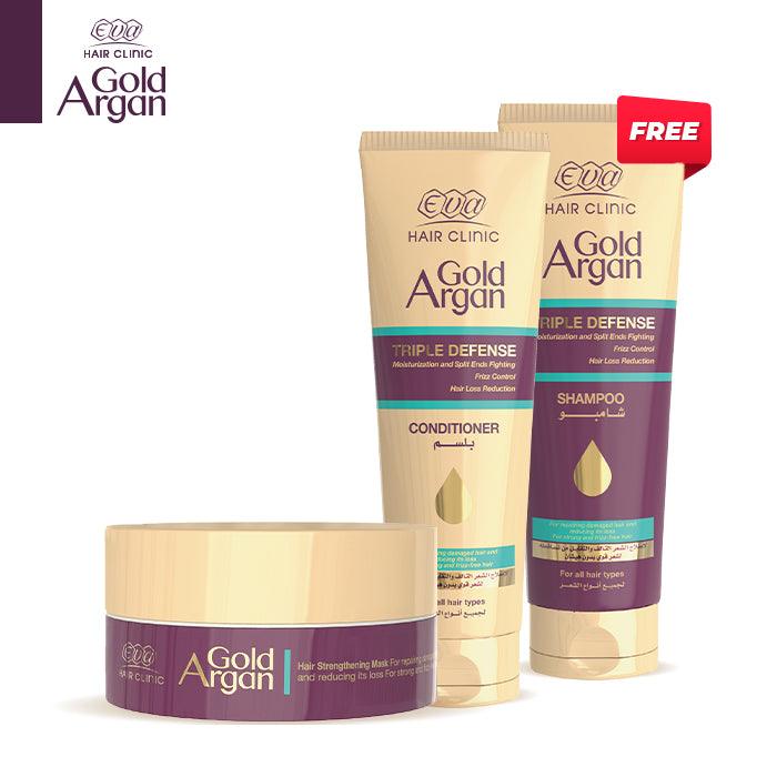Eva Hair Clinic Gold Argan Shampoo 230 ml FREE + Conditioner 230 ml + Hair Mask 200 gm - Beauty Bounty