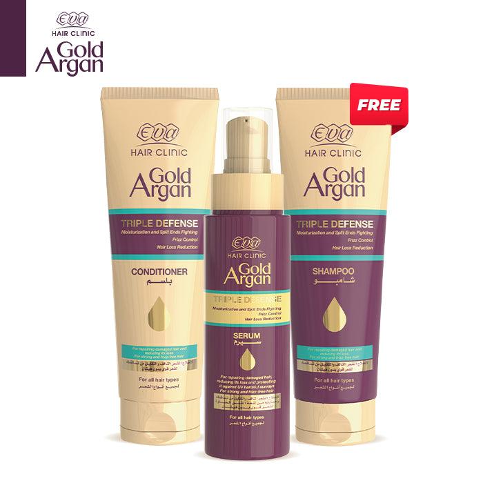 Eva Hair Clinic Gold Argan Shampoo 230 ml FREE + Conditioner 230 ml + Serum 100 ml - Beauty Bounty